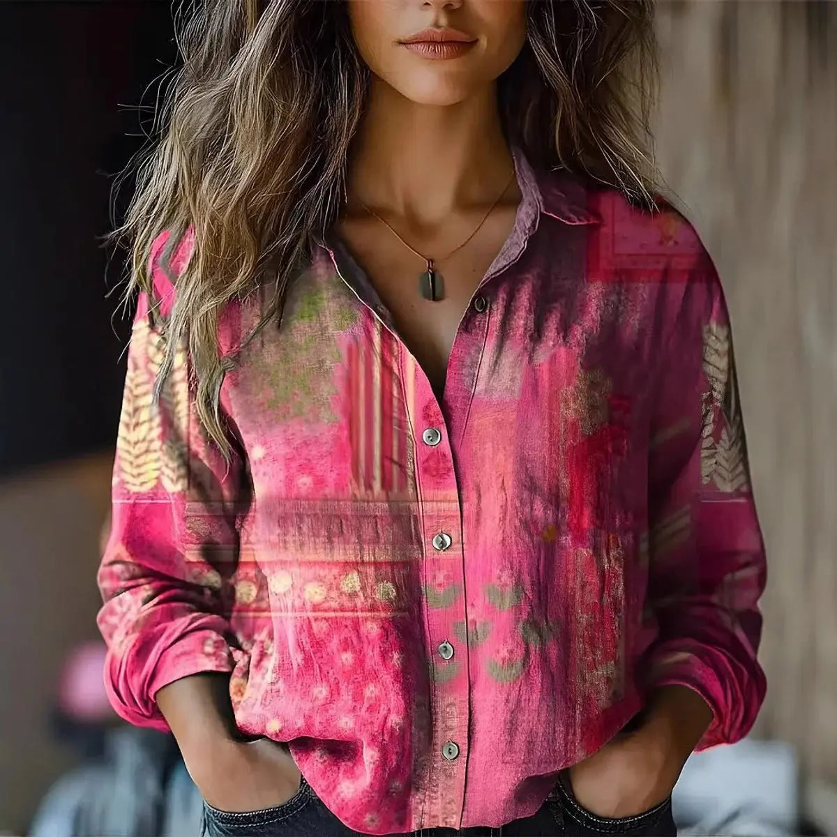 Women's Boho Floral Print Long Sleeve Button-Up Blouse - Pink