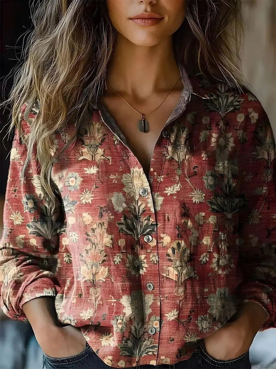 Women's Boho Floral Print Long Sleeve Button-Up Blouse