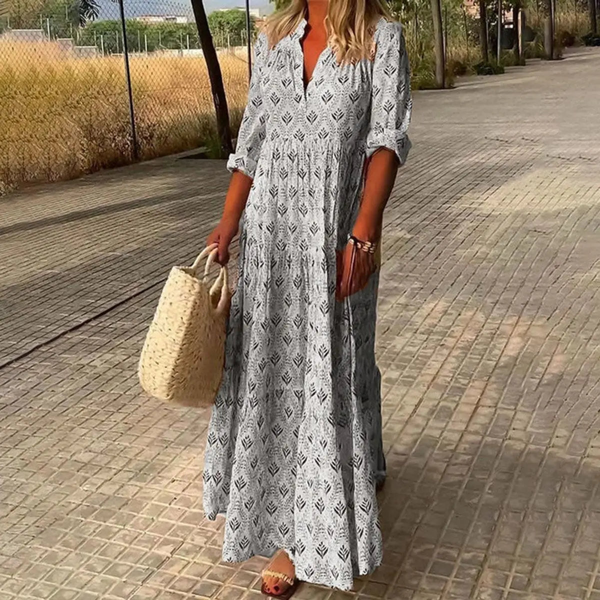 Women's Boho Floral Print V-Neck Maxi Cocktail Party Dress - Grey