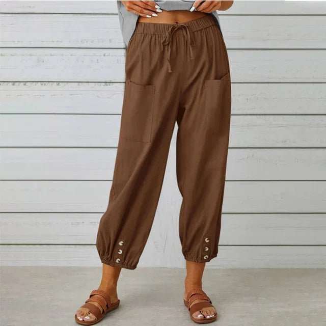 Women's Boho High Waist Drawstring Trousers - Brown