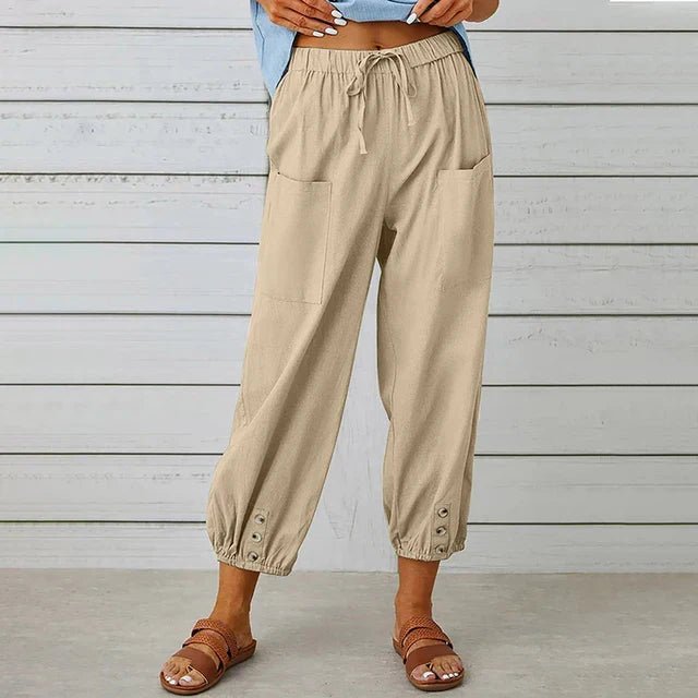 Women's Boho High Waist Drawstring Trousers - Khaki