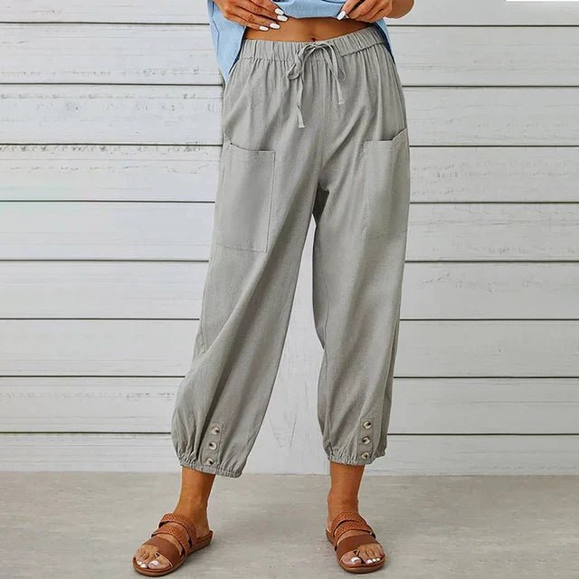 Women's Boho High Waist Drawstring Trousers - Light Grey