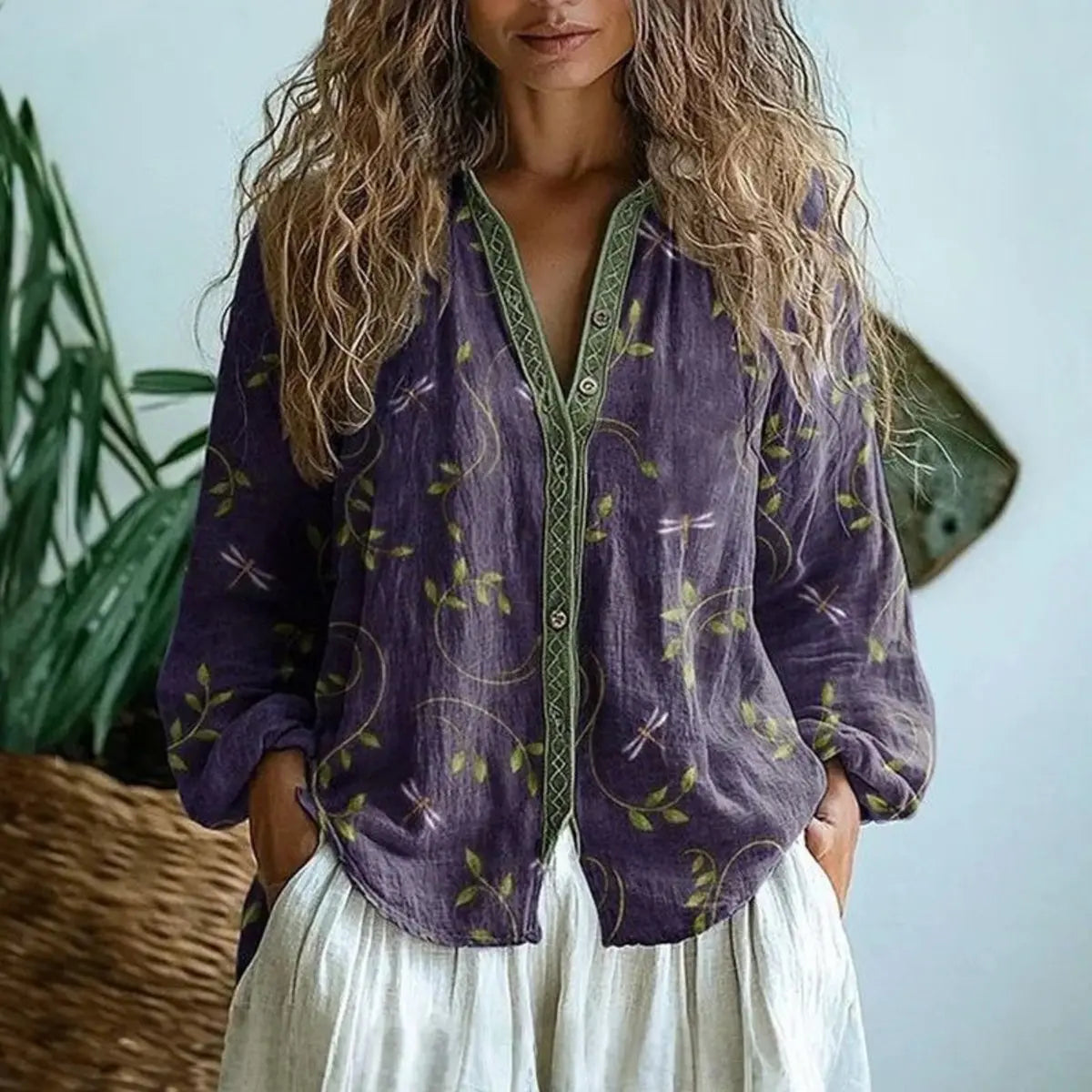 Women's Boho Linen Button-Up Cardigan Blouse Dragonfly Print - Purple