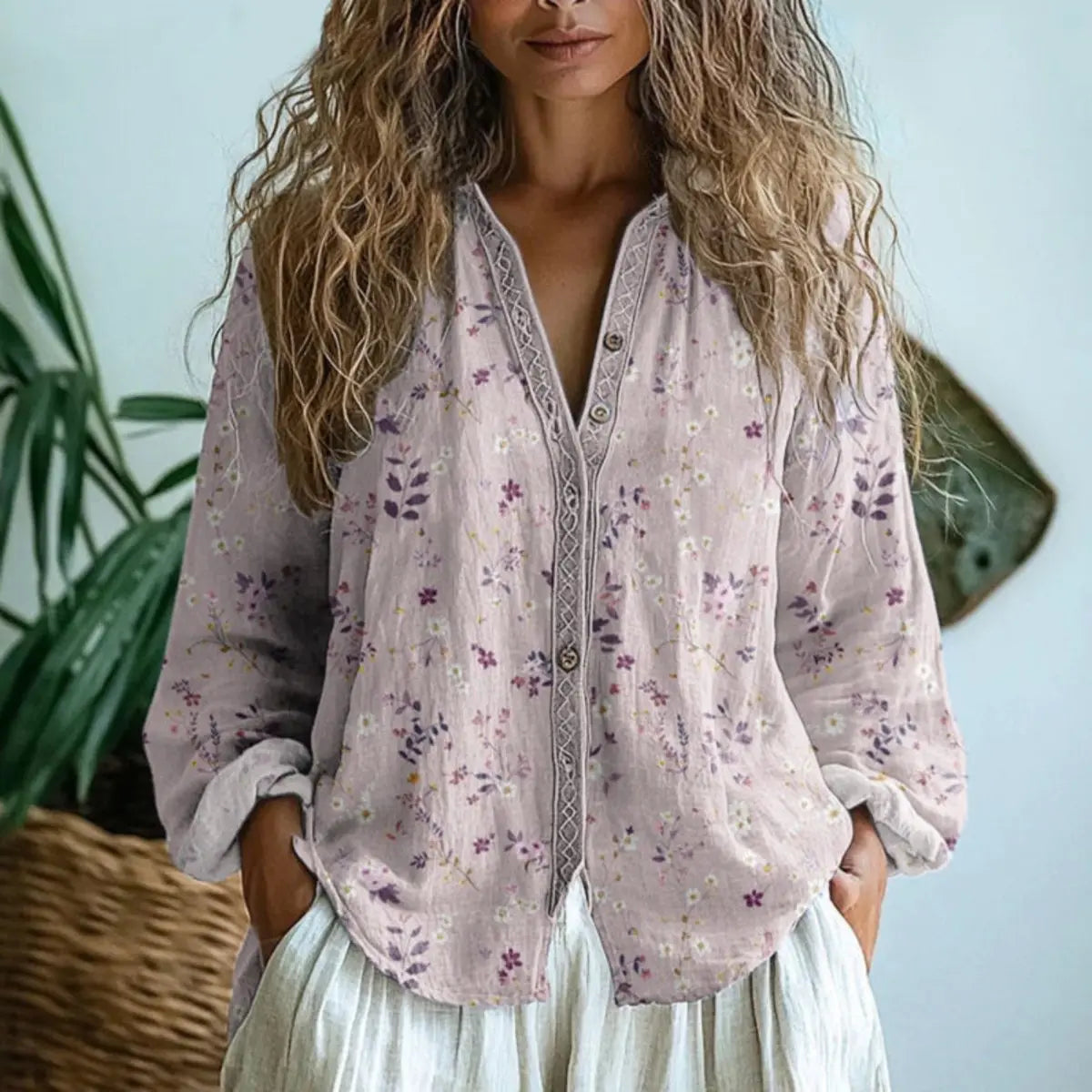 Women's Boho Linen Button-Up Cardigan Blouse Dragonfly Print - Light Pink