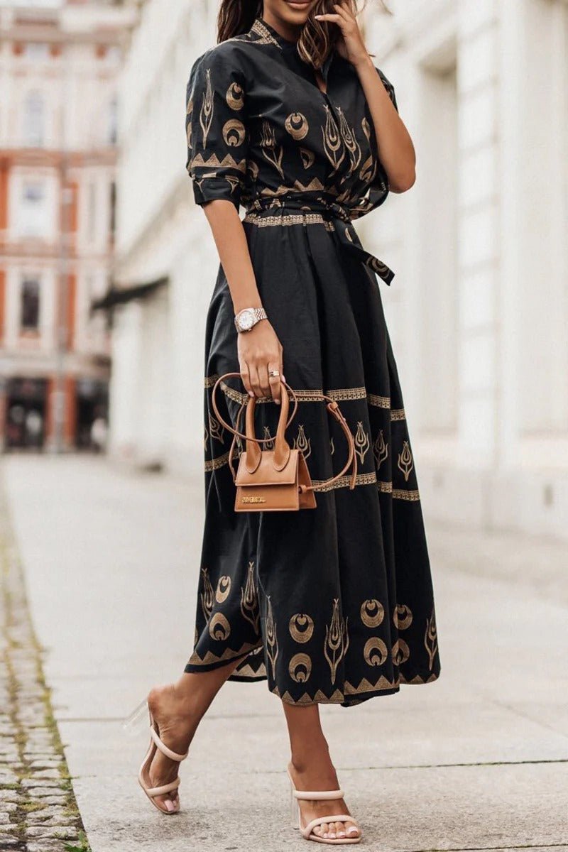 Women's Boho Midi Dress Belted 3/4 Sleeve Geometric Print - Black