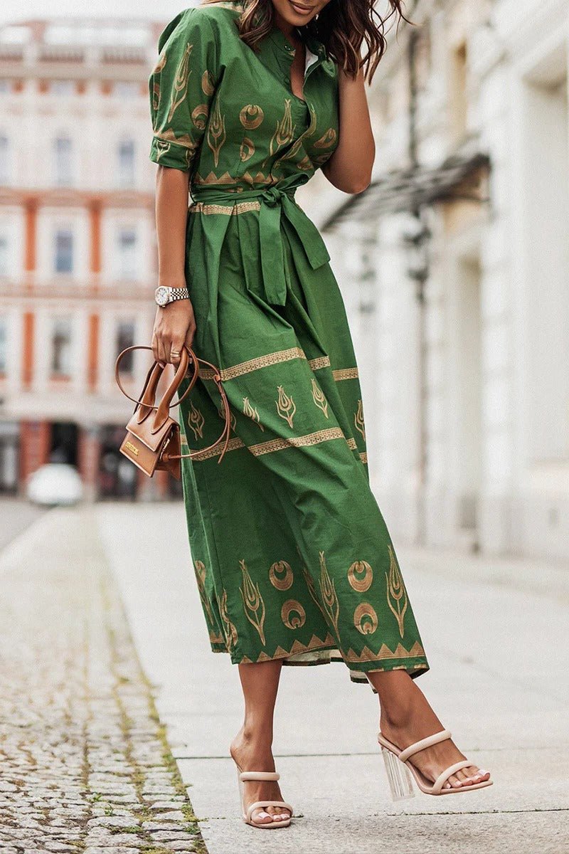 Women's Boho Midi Dress Belted 3/4 Sleeve Geometric Print - Green