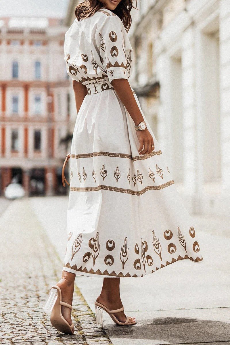 Women's Boho Midi Dress Belted 3/4 Sleeve Geometric Print