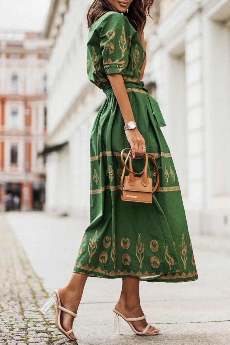 Women's Boho Midi Dress Belted 3/4 Sleeve Geometric Print