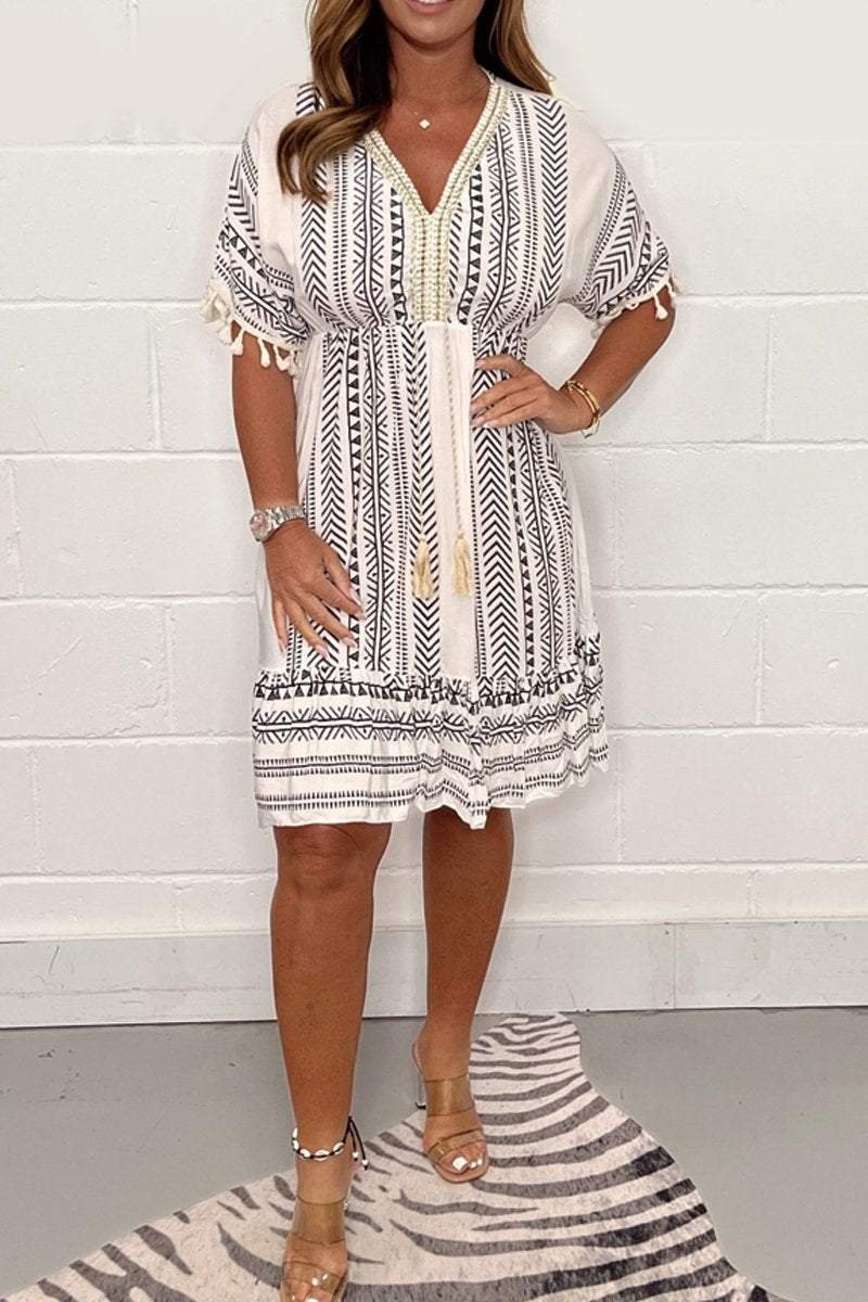 Women's Boho Mini Dress V-Neck Tassel Print Summer - Gray