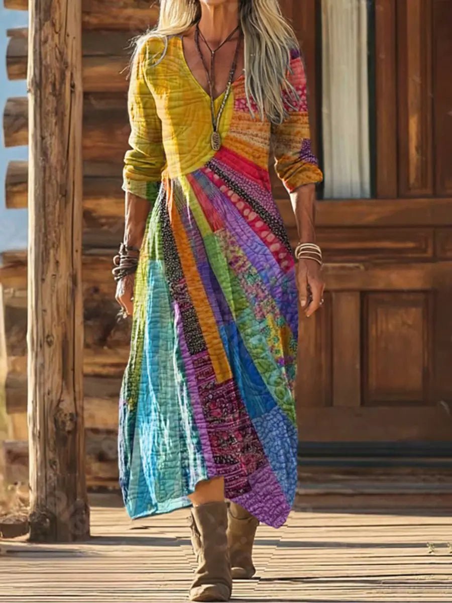 Women's Boho Patchwork Long Sleeve V-Neck Midi Dress