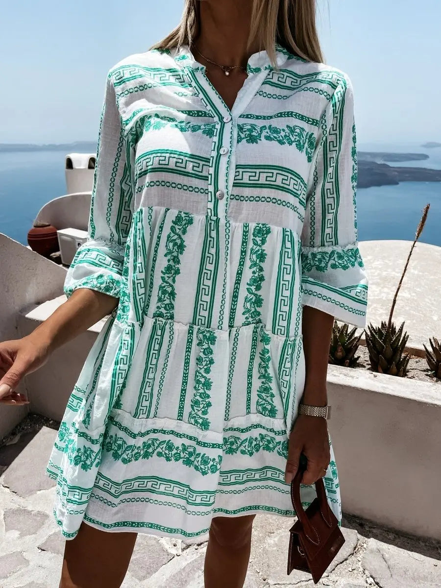 Women's Boho Printed Tiered Tunic Mini Dress