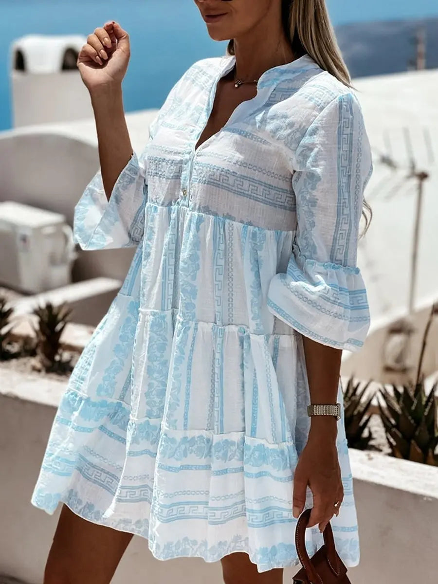 Women's Boho Printed Tiered Tunic Mini Dress