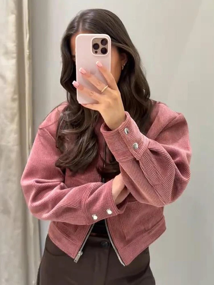 Women's Bomber Jacket Ribbed Cropped Zip Front Flap Pockets - Pink