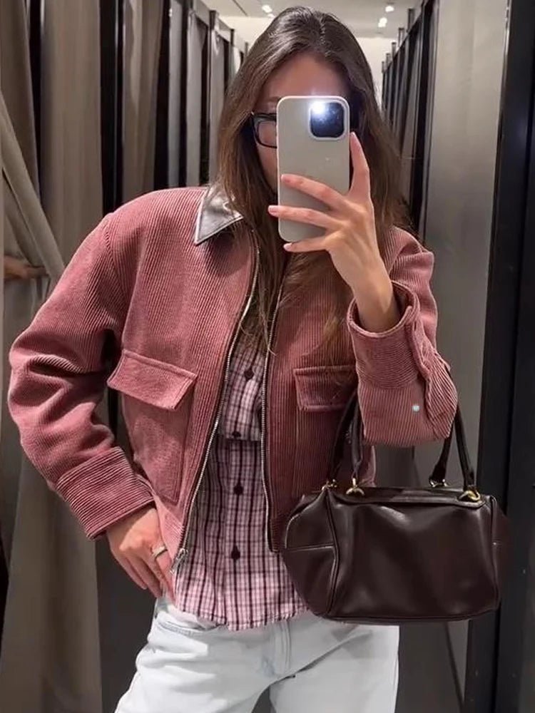 Women's Bomber Jacket Ribbed Cropped Zip Front Flap Pockets