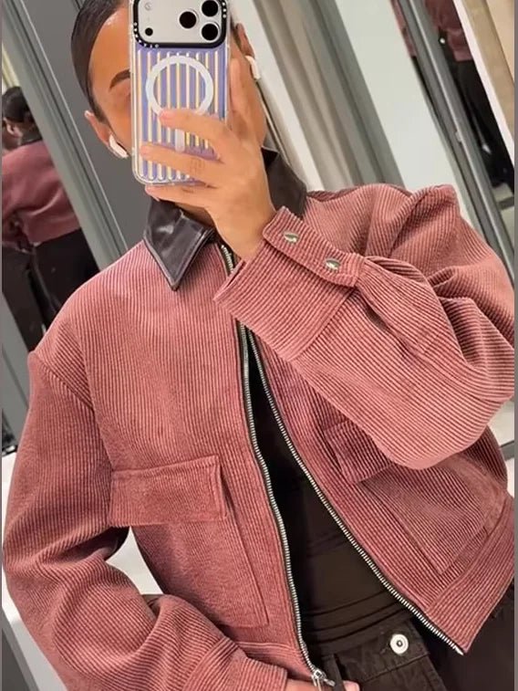 Women's Bomber Jacket Ribbed Cropped Zip Front Flap Pockets