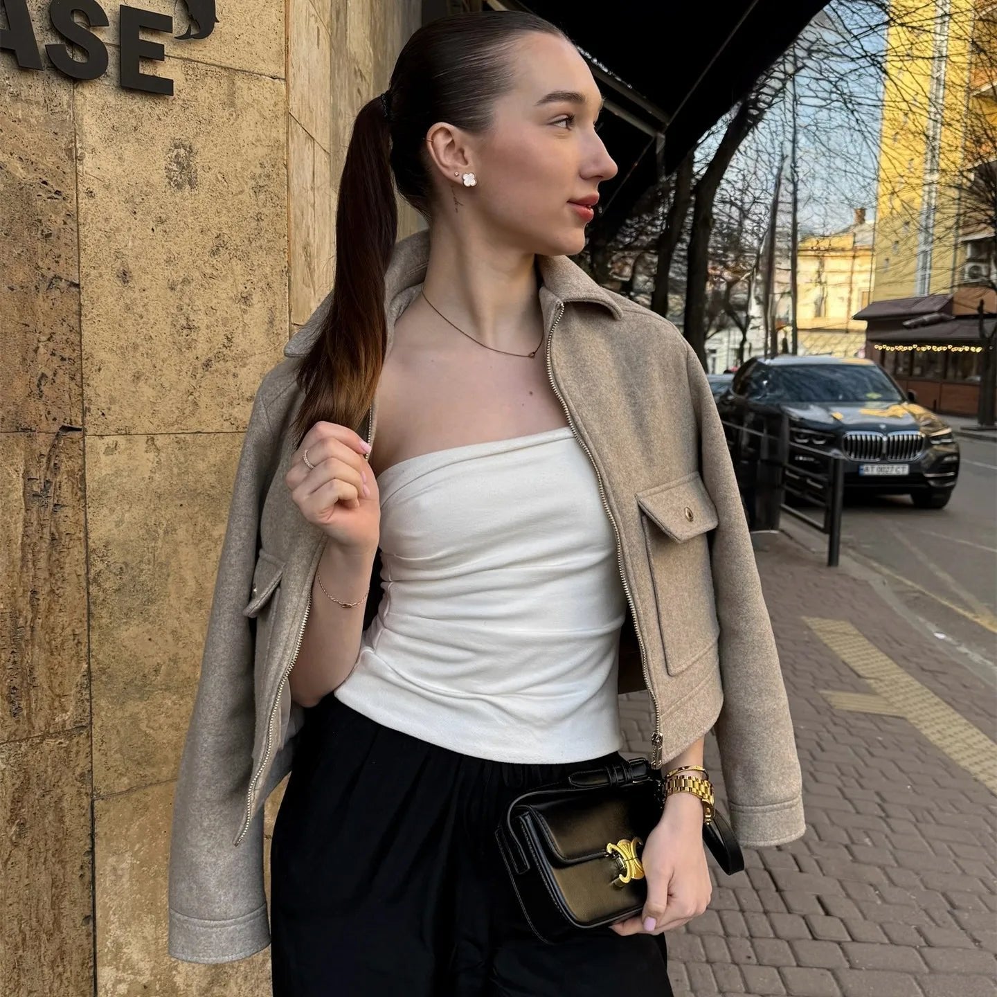 Women's Bomber Jacket Short Zip Front Ribbed Cuffs