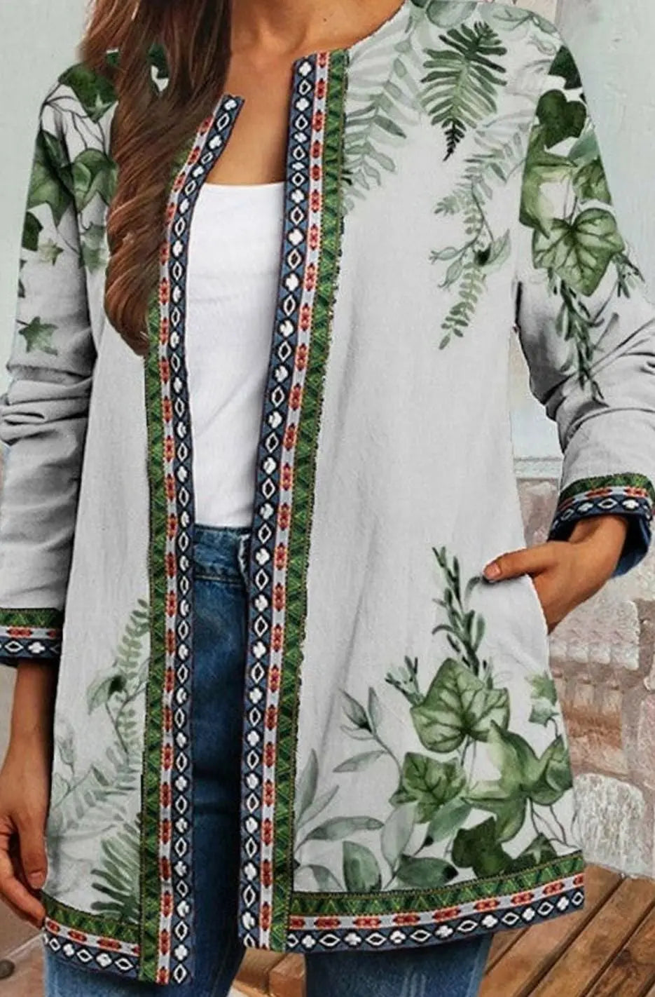 Women's Botanical Floral Print Open Front Long-Sleeve Cardigan - Green