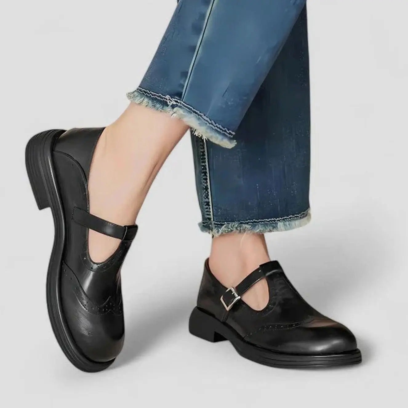 Women's Brogue Leather T-Bar Classic Boots Flat Mary Jane Shoes - Black