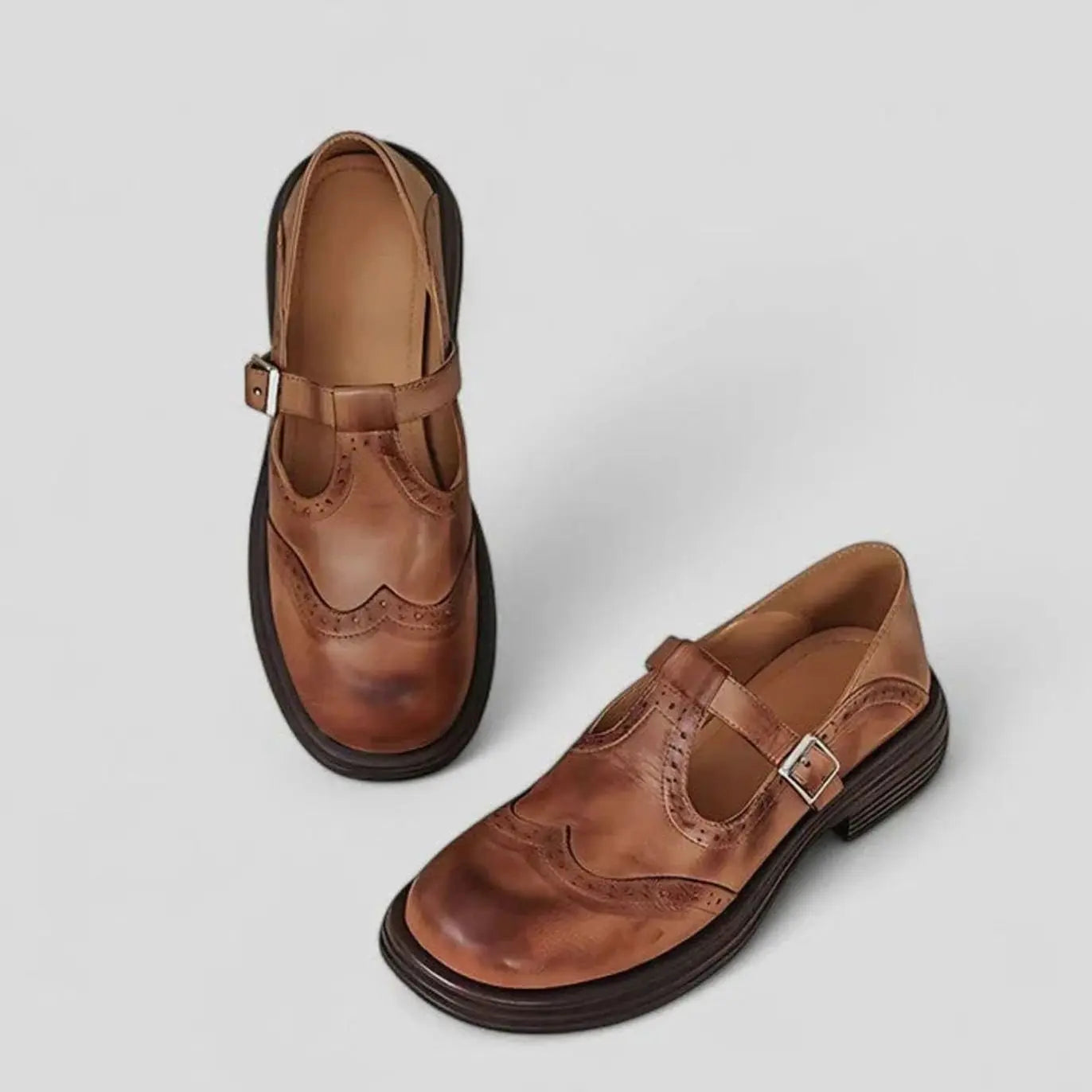 Women's Brogue Leather T-Bar Classic Boots Flat Mary Jane Shoes