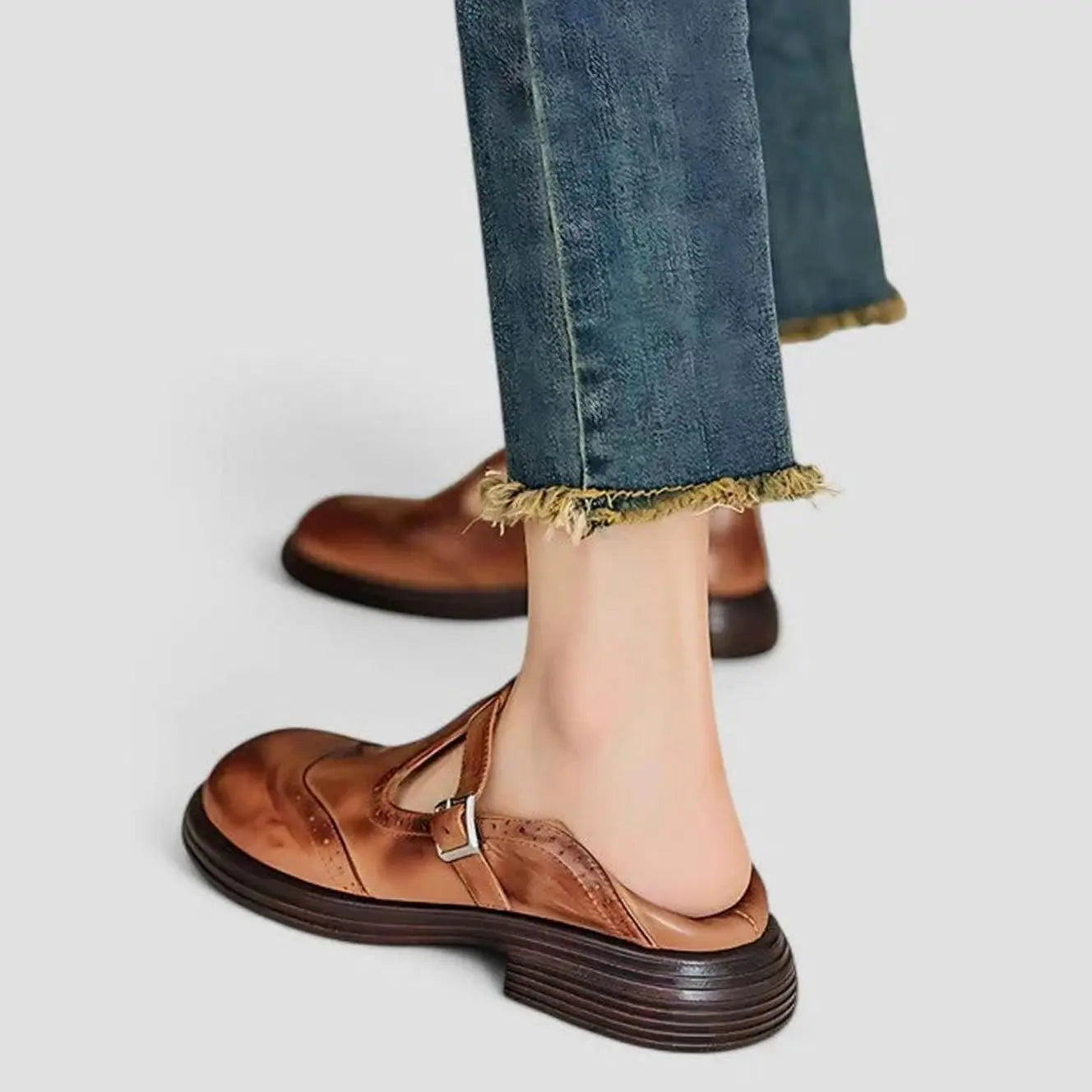 Women's Brogue Leather T-Bar Classic Boots Flat Mary Jane Shoes
