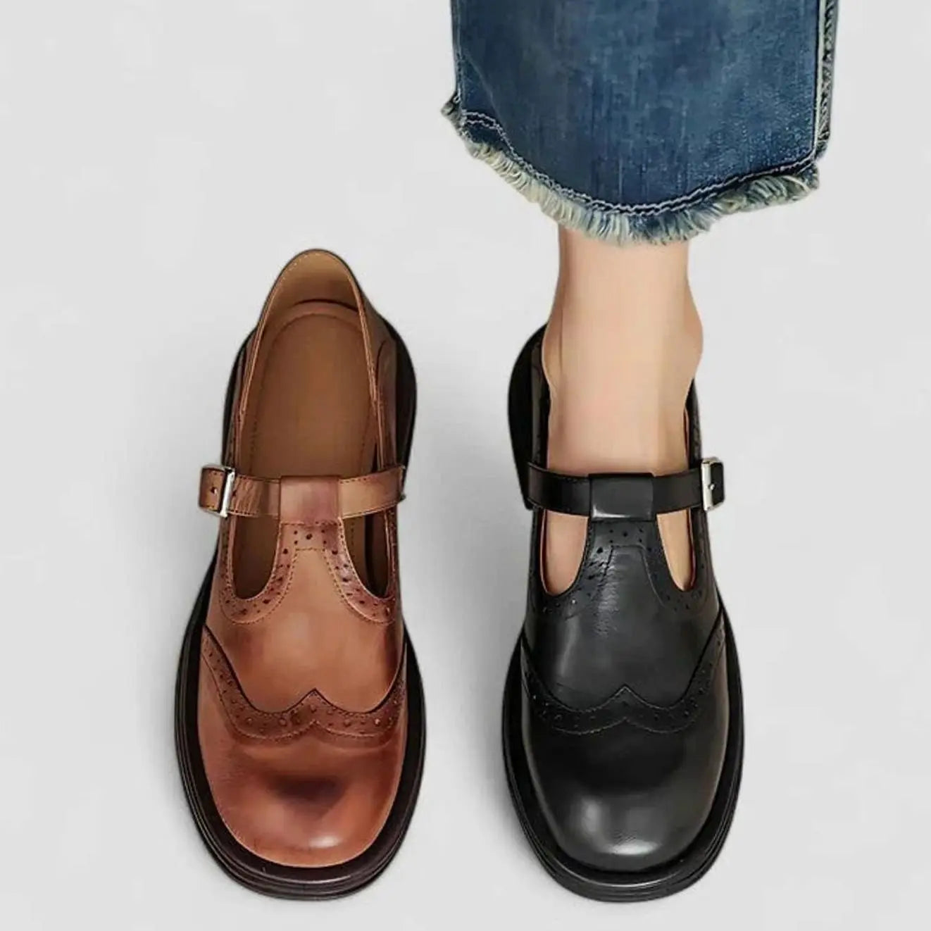Women's Brogue Leather T-Bar Classic Boots Flat Mary Jane Shoes
