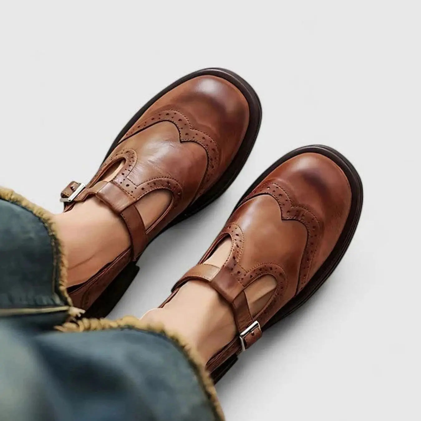 Women's Brogue Leather T-Bar Classic Boots Flat Mary Jane Shoes - Brown