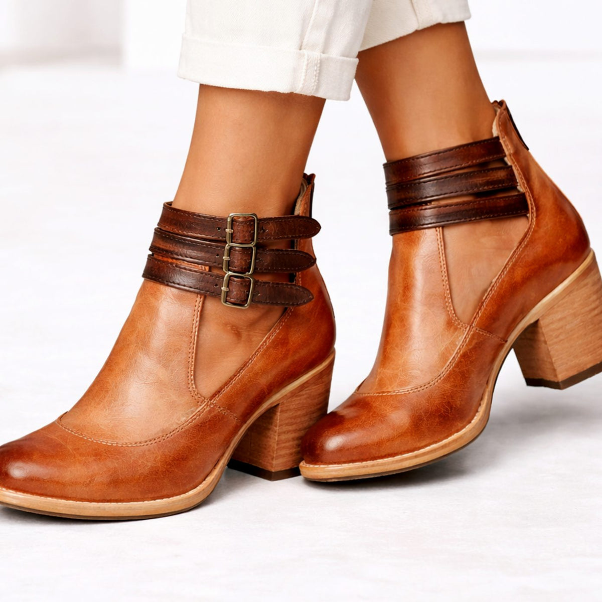 Women's Brown Block Heel Ankle Boots Triple Buckle Strap - Brown