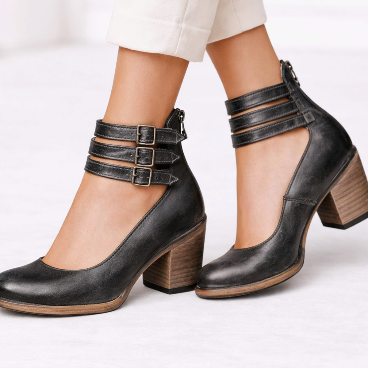 Women's Brown Block Heel Ankle Boots Triple Buckle Strap - Black