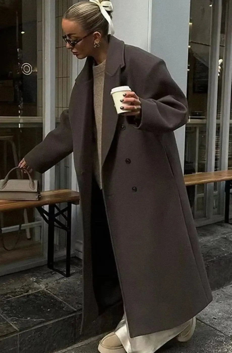 Women's Brown Oversized Double-Breasted Long Coat - Brown