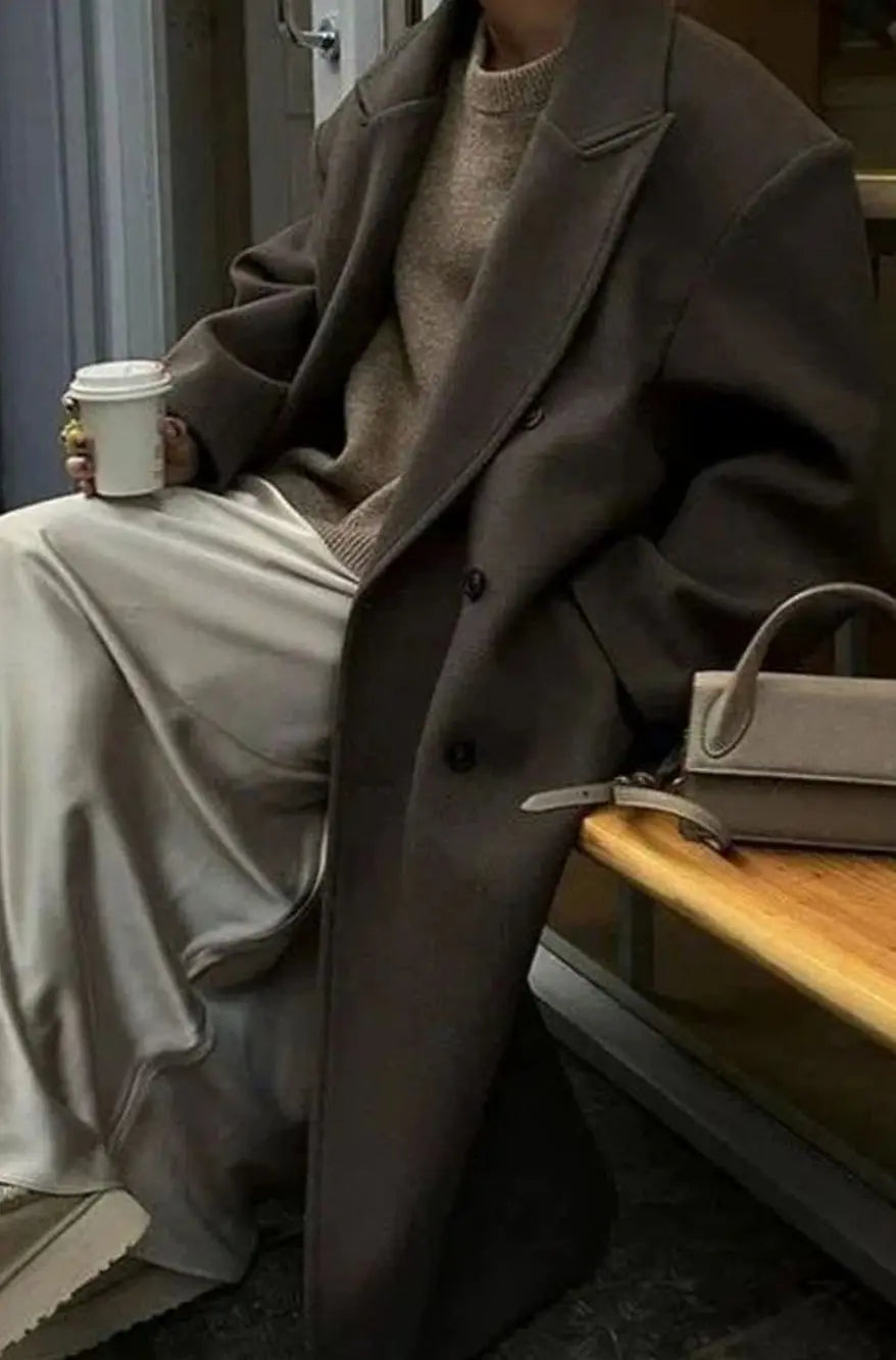 Women's Brown Oversized Double-Breasted Long Coat