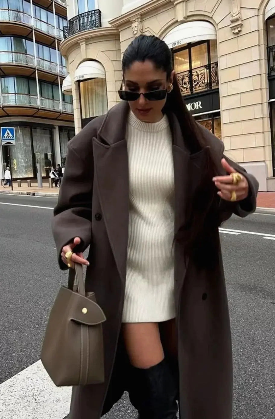 Women's Brown Oversized Double-Breasted Long Coat