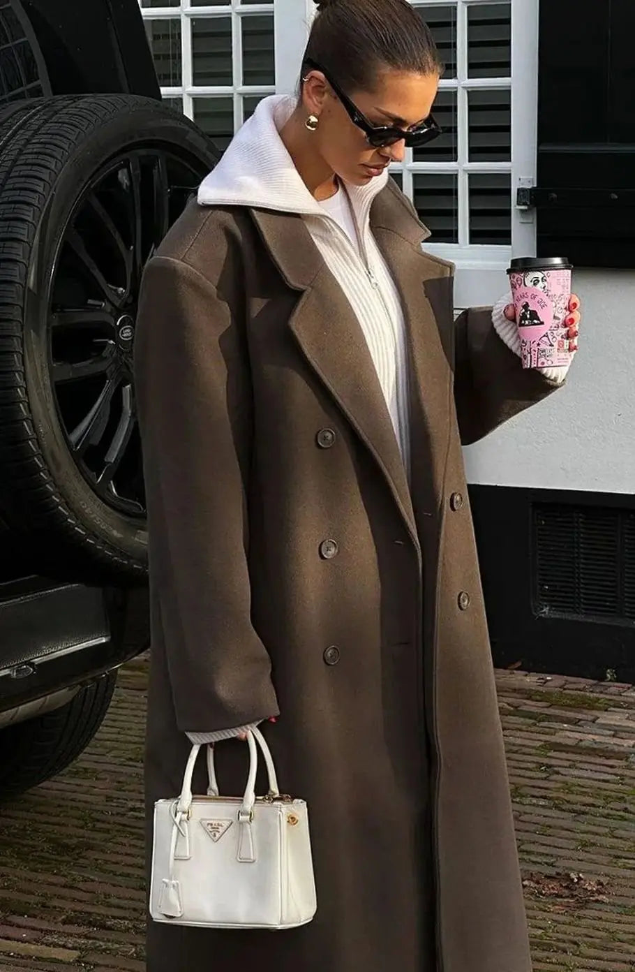 Women's Brown Oversized Double-Breasted Long Coat