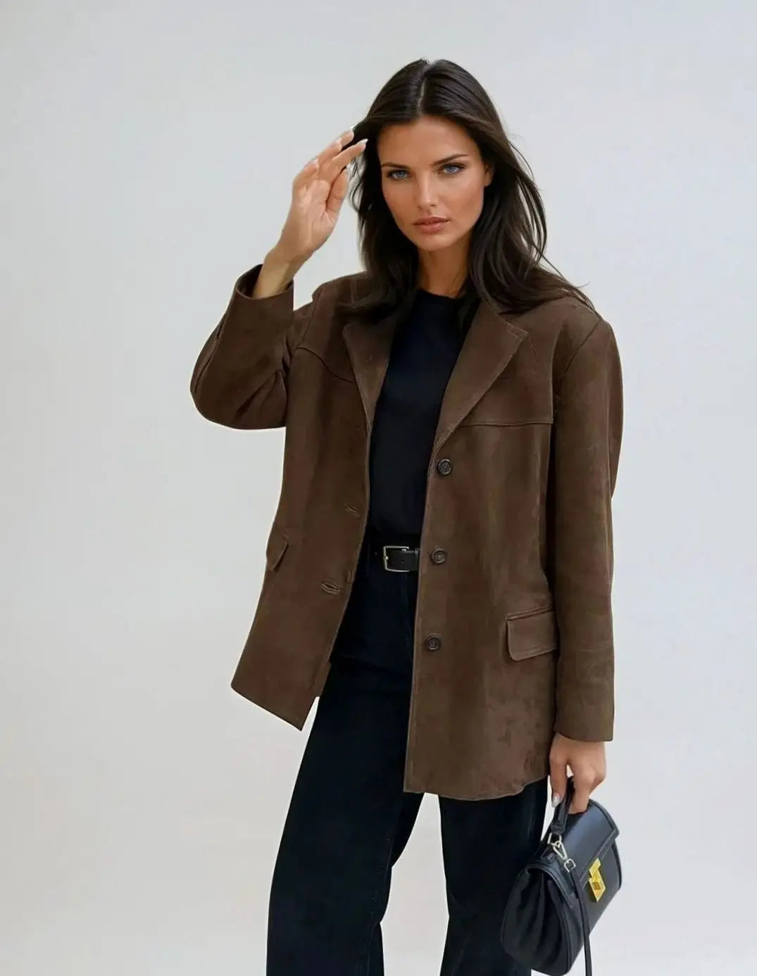 Women's Brown Suede Button-Up Blazer Coat with Pockets - Brown