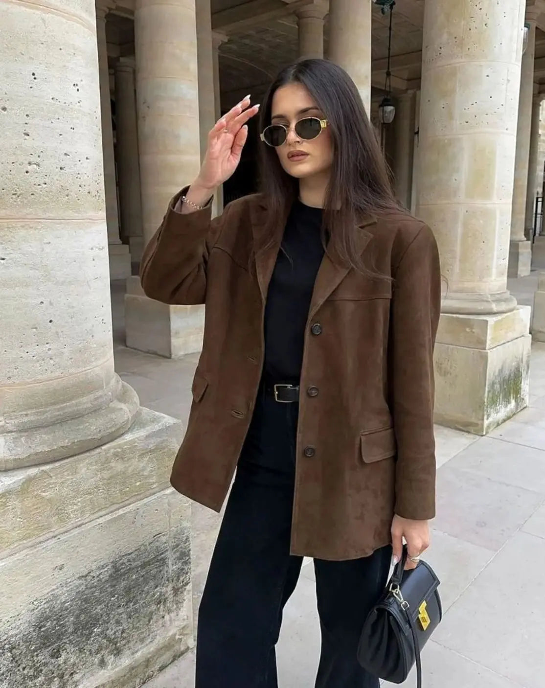 Women's Brown Suede Button-Up Blazer Coat with Pockets
