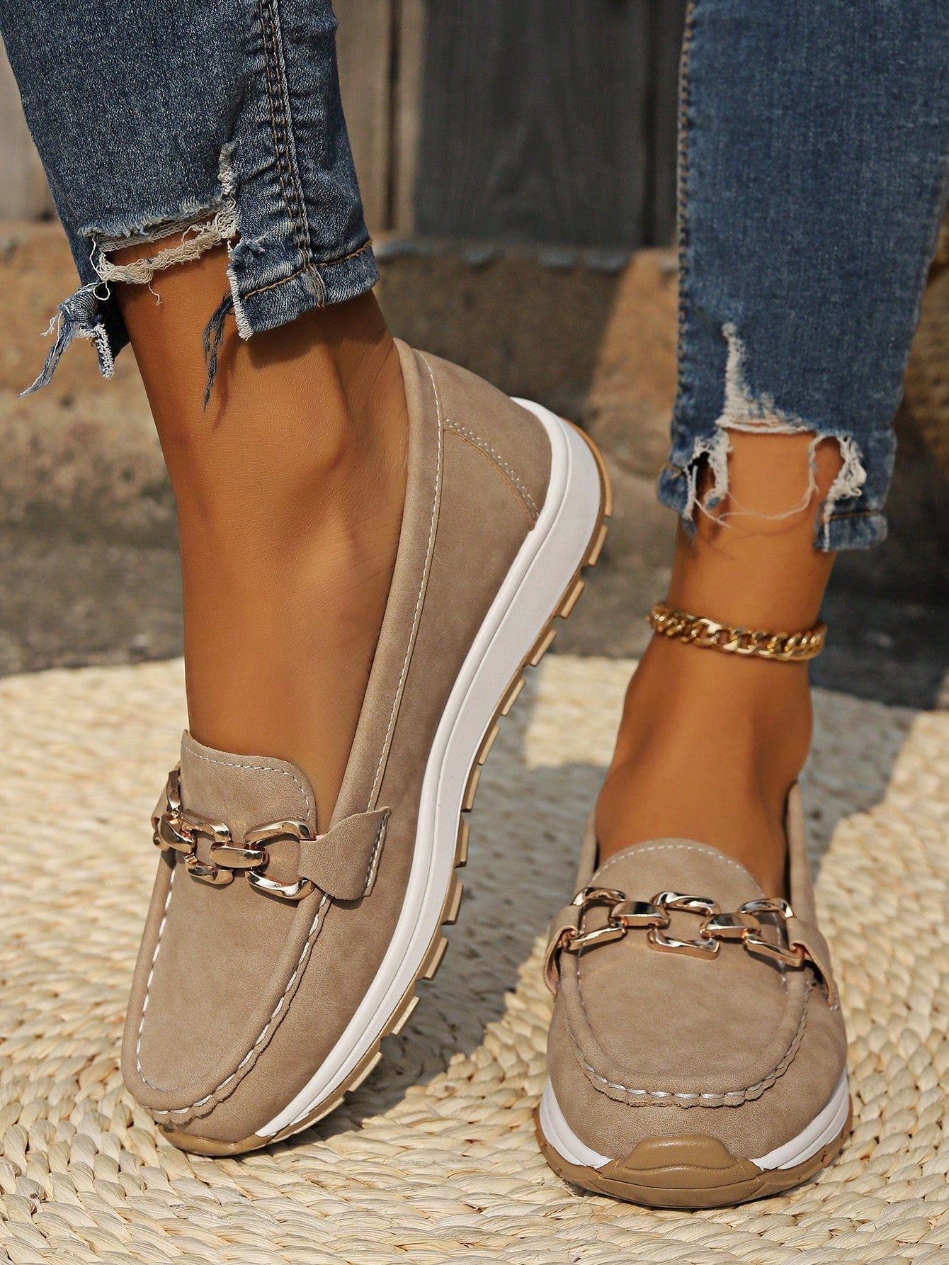 Women's Buckle Loafers Slip-On Flat Trainers - Khaki