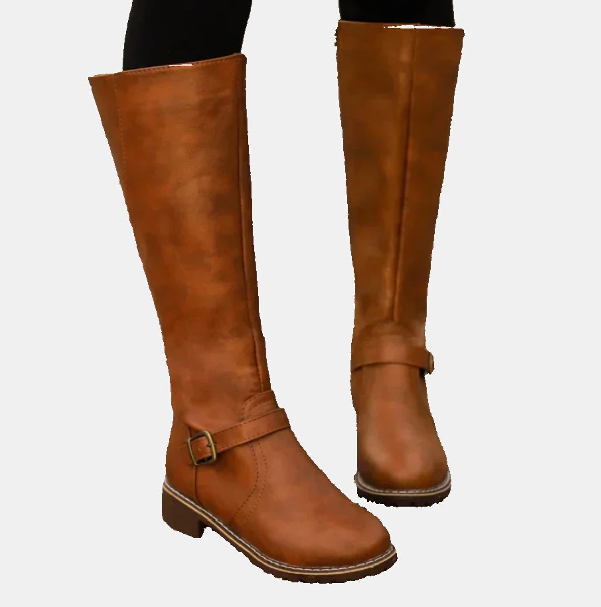 Women's Buckle-Strap Riding Knee High Boots Low Heel