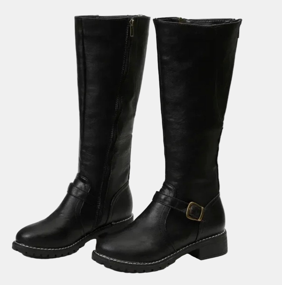 Women's Buckle-Strap Riding Knee High Boots Low Heel - Black
