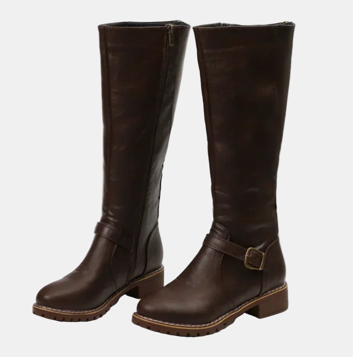 Women's Buckle-Strap Riding Knee High Boots Low Heel
