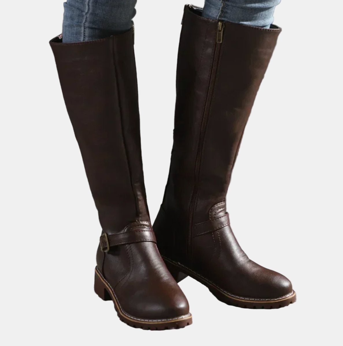 Women's Buckle-Strap Riding Knee High Boots Low Heel - Dark Brown
