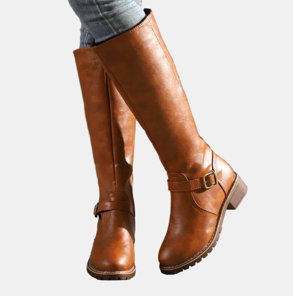 Women's Buckle-Strap Riding Knee High Boots Low Heel - Brown