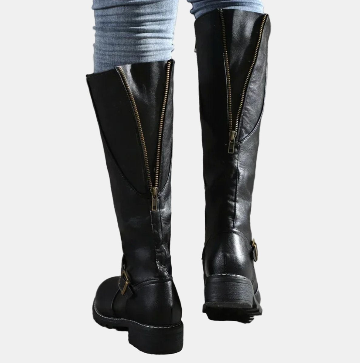 Women's Buckle-Strap Riding Knee High Boots Low Heel