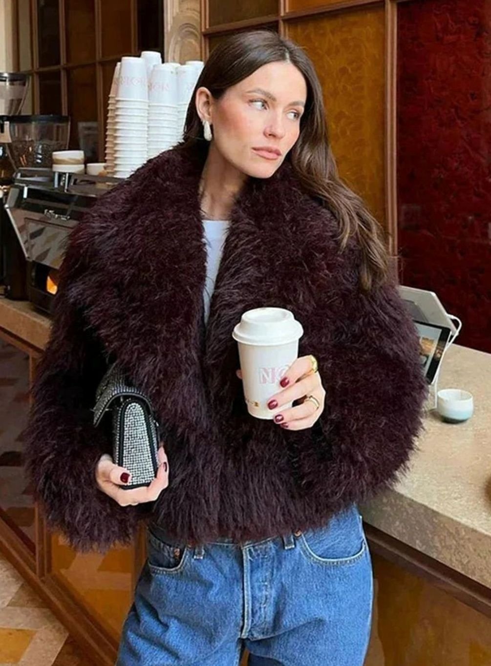 Women's Burgundy Faux Fur Fluffy Coat Large Collar - Burgundy