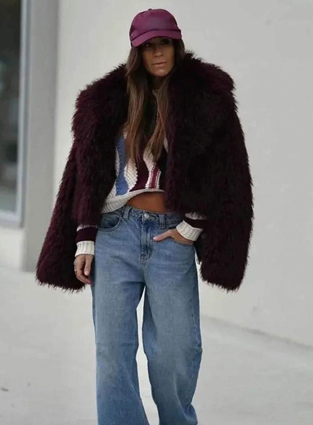 Women's Burgundy Faux Fur Fluffy Coat Large Collar