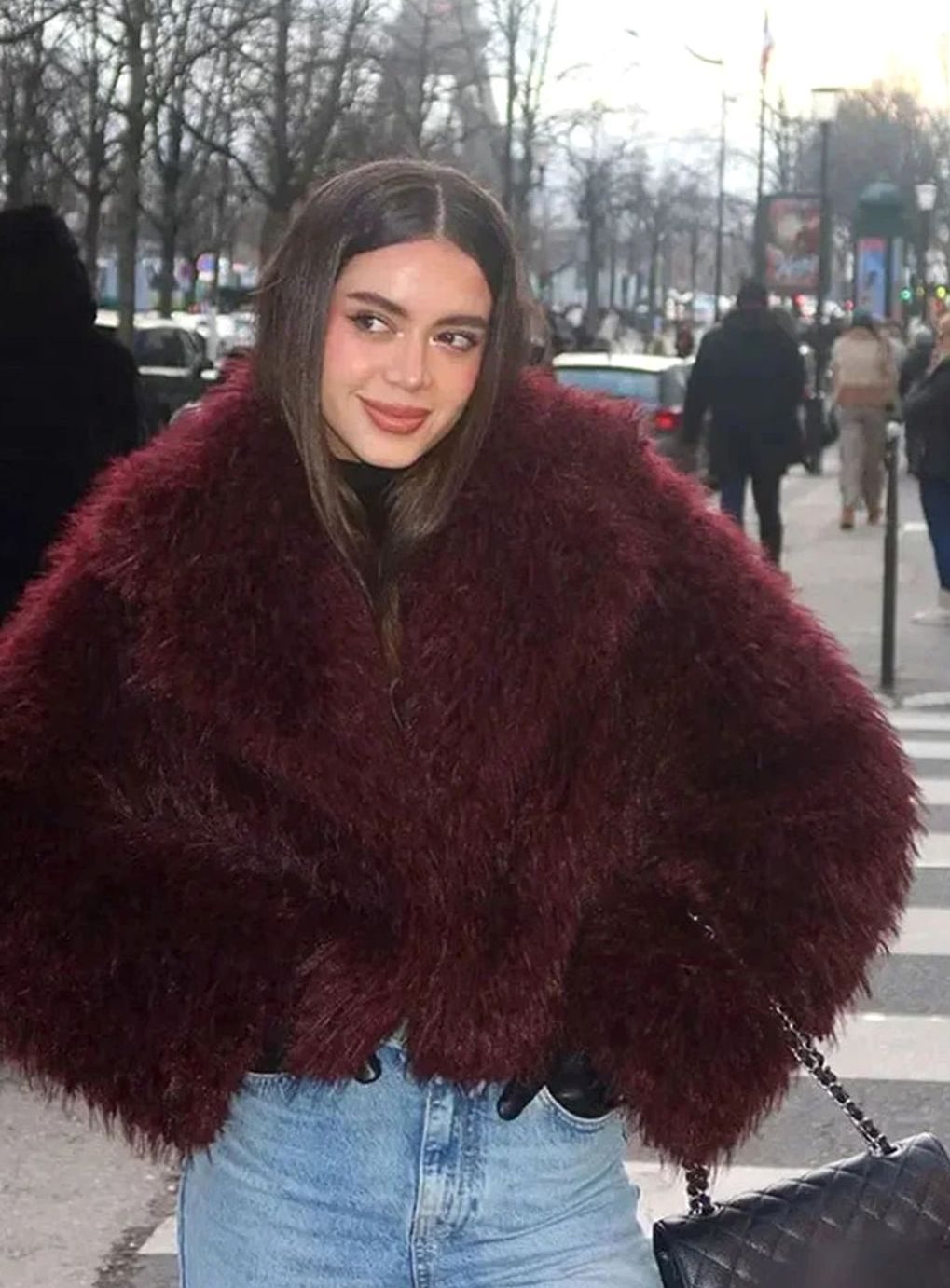 Women's Burgundy Faux Fur Fluffy Coat Large Collar