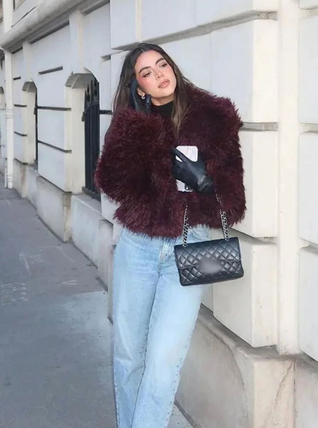 Women's Burgundy Faux Fur Fluffy Coat Large Collar
