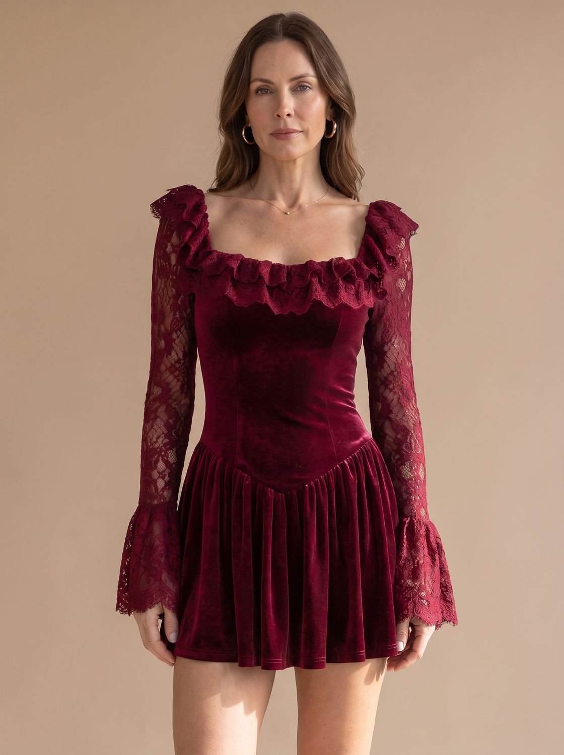 Women's Burgundy Velvet Lace-Sleeve Drop-Waist Mini Dress