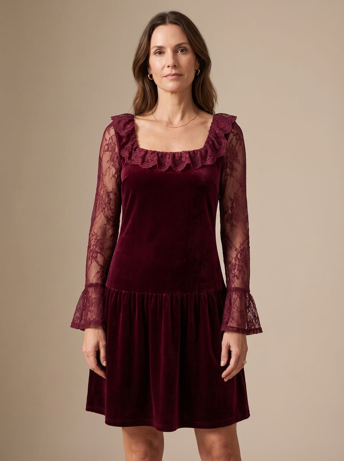 Women's Burgundy Velvet Lace-Sleeve Drop-Waist Mini Dress