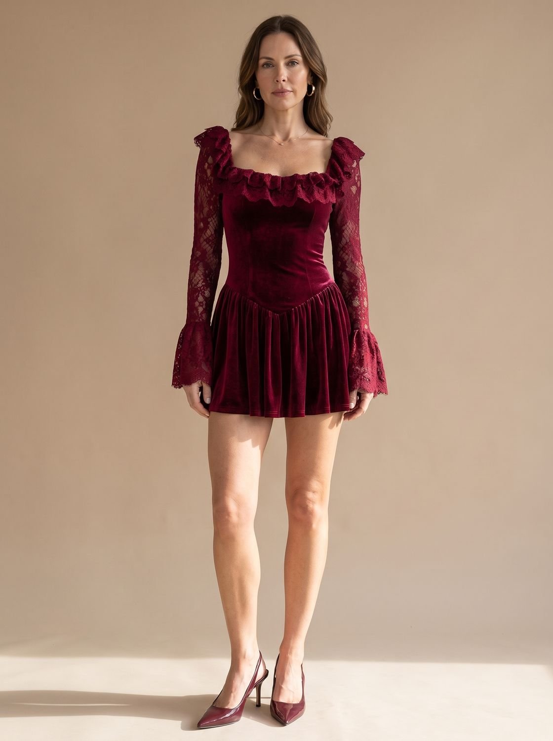 Women's Burgundy Velvet Lace-Sleeve Drop-Waist Mini Dress