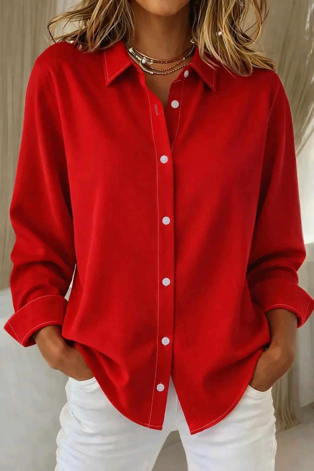 Women's Button Down Shirt Long Sleeve Classic Collar - Red