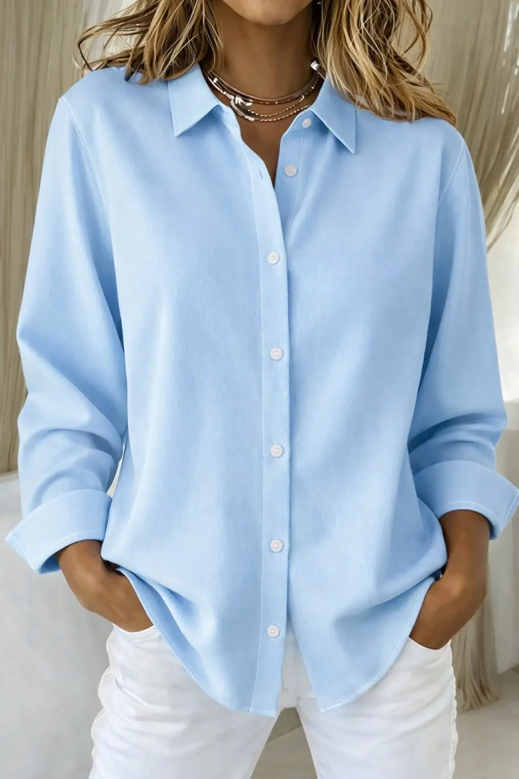 Women's Button Down Shirt Long Sleeve Classic Collar - Blue